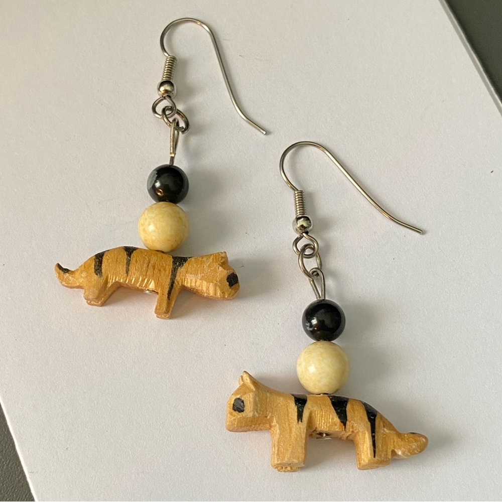 Handcrafted Wooden Tiger Earrings with Beads